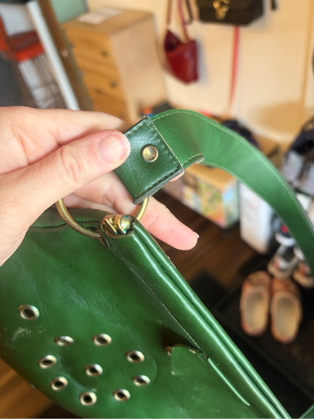 FREE with purchase! Vintage Green Leather Crossbody Bag with Eyelet Detail - Picture 8 of 14